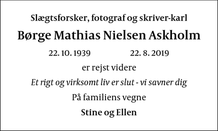 Dødsannoncen for Børge Mathias Nielsen Askholm - København S