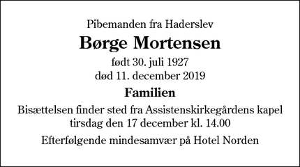 Dødsannoncen for Børge Mortensen - Haderslev