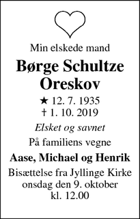 Dødsannoncen for Børge Schultze Oreskov - Jyllinge