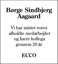Dødsannoncen for Børge Sindbjerg
Aagaard - Kolding
