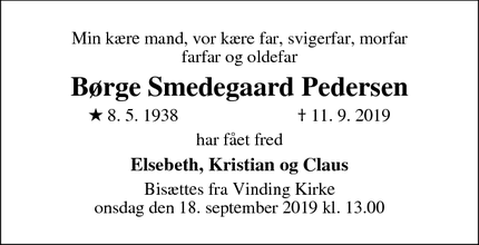Dødsannoncen for Børge Smedegaard Pedersen - Vejle