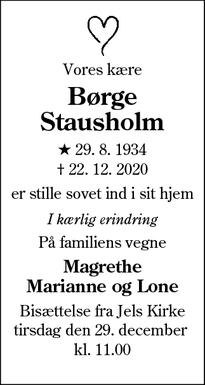 Dødsannoncen for Børge Stausholm - Højrup, 6510 Gram