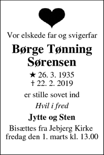 Dødsannoncen for Børge Tønning Sørensen - Roslev