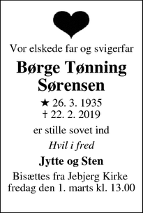 Dødsannoncen for Børge Tønning Sørensen - Roslev