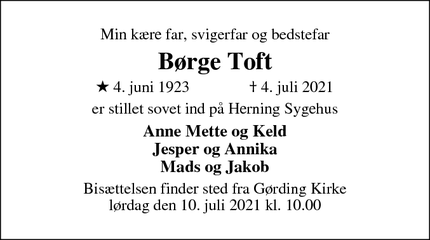 Dødsannoncen for Børge Toft - Holstebro