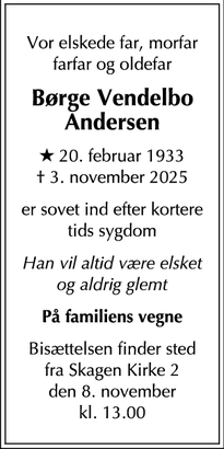 Dødsannoncen for Børge Vendelbo
Andersen - København/Skagen