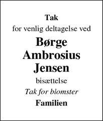 Taksigelsen for Børge
Ambrosius
Jensen - bryrup