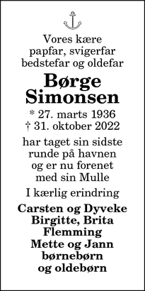 Dødsannoncen for Børge
Simonsen - Hanstholm
