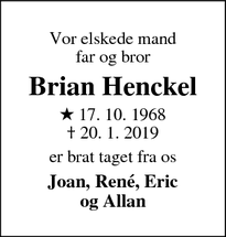 Dødsannoncen for Brian Henckel - Nordborg
