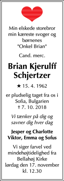 Dødsannoncen for Brian Kjerulff Schjertzer - Brønshøj