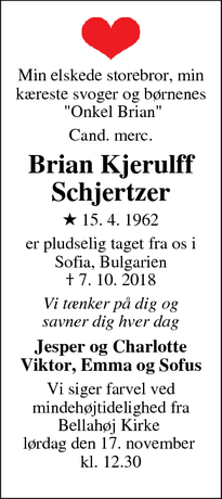 Dødsannoncen for Brian Kjerulff Schjertzer - Brønshøj