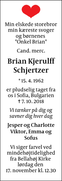 Dødsannoncen for Brian Kjerulff Schjertzer - Brønshøj