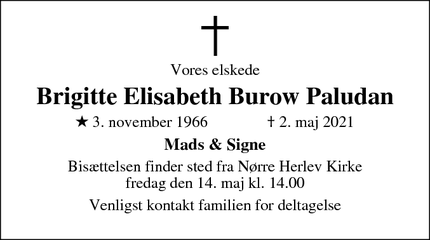 Dødsannoncen for Brigitte Elisabeth Burow Paludan - hillerød