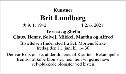 Dødsannoncen for Brit Lundberg - Randers