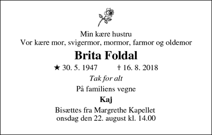 Dødsannoncen for Brita Foldal - HOLBÆK