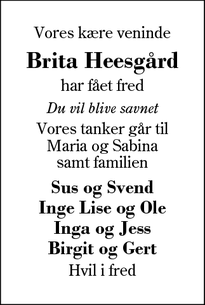 Dødsannoncen for Brita Heesgård - Herning
