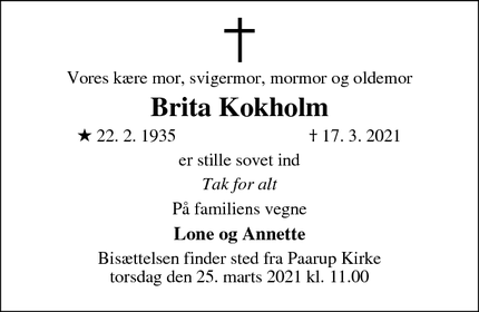 Dødsannoncen for Brita Kokholm - Odense