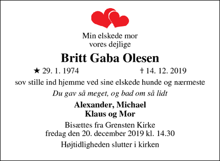 Dødsannoncen for Britt Gaba Olesen - Roslev