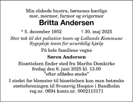 Dødsannoncen for Britta Andersen - Maribo
