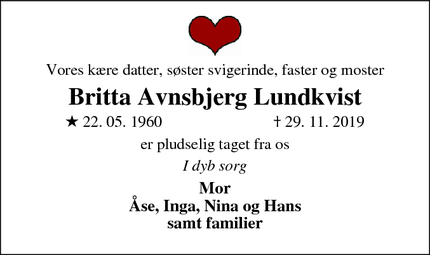 Dødsannoncen for Britta Avnsbjerg Lundkvist - Århus