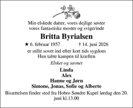 Dødsannoncen for Britta Byrialsen - Nørager