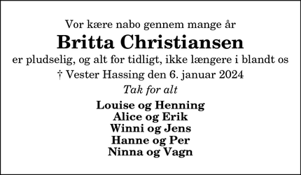 Dødsannoncen for Britta Christiansen - Vester Hassing