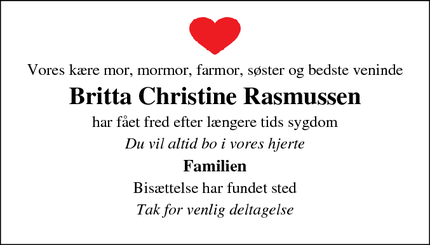 Dødsannoncen for Britta Christine Rasmussen - Frederiksværk