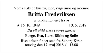 Dødsannoncen for Britta Frederiksen - Søborg