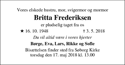 Dødsannoncen for Britta Frederiksen - Søborg