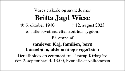 Dødsannoncen for Britta Jagd Wiese - Tirstrup