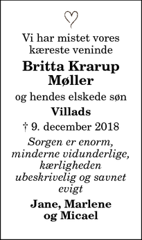 Dødsannoncen for Britta Krarup
Møller - Svenstrup J