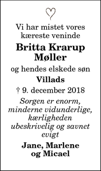 Dødsannoncen for Britta Krarup
Møller - Svenstrup J