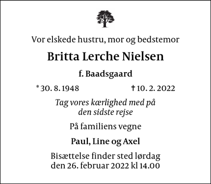 Dødsannoncen for Britta Lerche Nielsen - København K