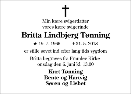 Dødsannoncen for Britta Lindbjerg Tønning - 8462 Harlev