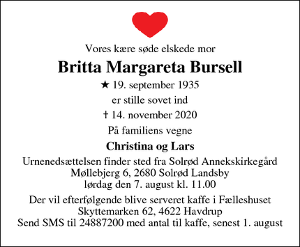 Dødsannoncen for Britta Margareta Bursell - 4622 Havdrup