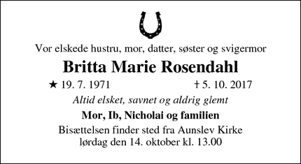 Dødsannoncen for Britta Marie Rosendahl - Aunslev