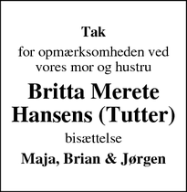 Taksigelsen for Britta Merete Hansens (Tutter) - Holbæk