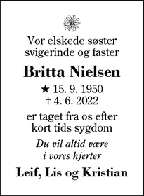 Dødsannoncen for Britta Nielsen - Vildbjerg
