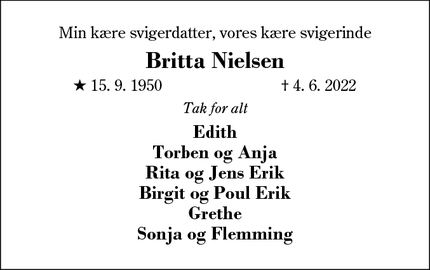 Dødsannoncen for Britta Nielsen - Vildbjerg