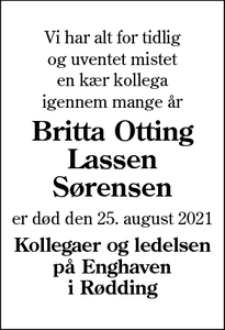 Dødsannoncen for Britta Otting
Lassen
Sørensen - Rødding