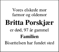 Dødsannoncen for Britta Porskjær - Esbjerg 