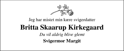 Dødsannoncen for Britta Skaarup Kirkegaard - Ikast