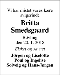 Dødsannoncen for Britta Smedsgaard - Bøvling