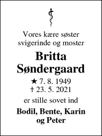 Dødsannoncen for Britta Søndergaard - Vildbjerg