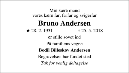 Dødsannoncen for Bruno Andersen - Vejle