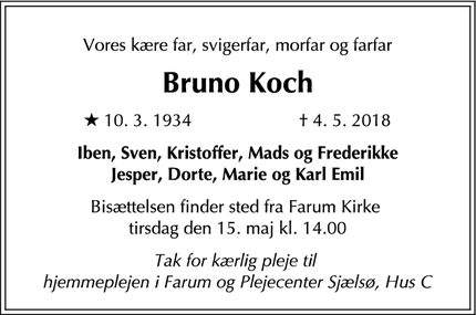 Dødsannoncen for Bruno Koch - Farum