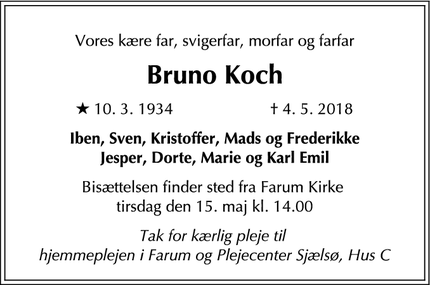 Dødsannoncen for Bruno Koch - Farum