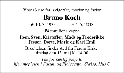 Dødsannoncen for Bruno Koch - Farum