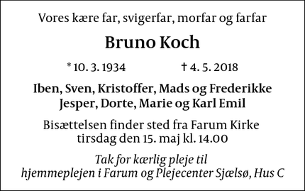 Dødsannoncen for Bruno Koch - Farum