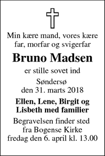 Dødsannoncen for Bruno Madsen - Bogense